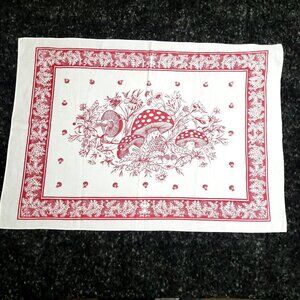 Vintage Mushrooms Printed Piece Of Linen Red And White 30.5x21.5" Retro VGC